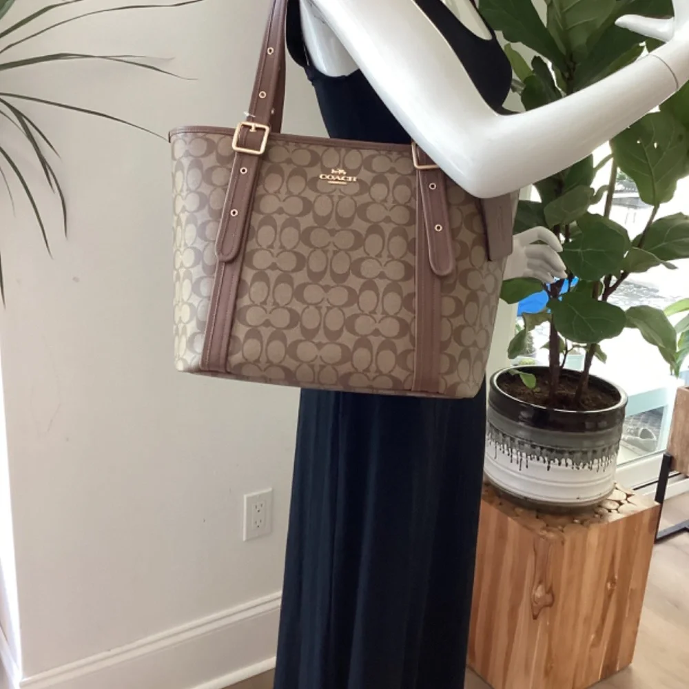 NWT COACH Signature Leather TOTE Shoulder Khaki Brown Saddle Bag $500